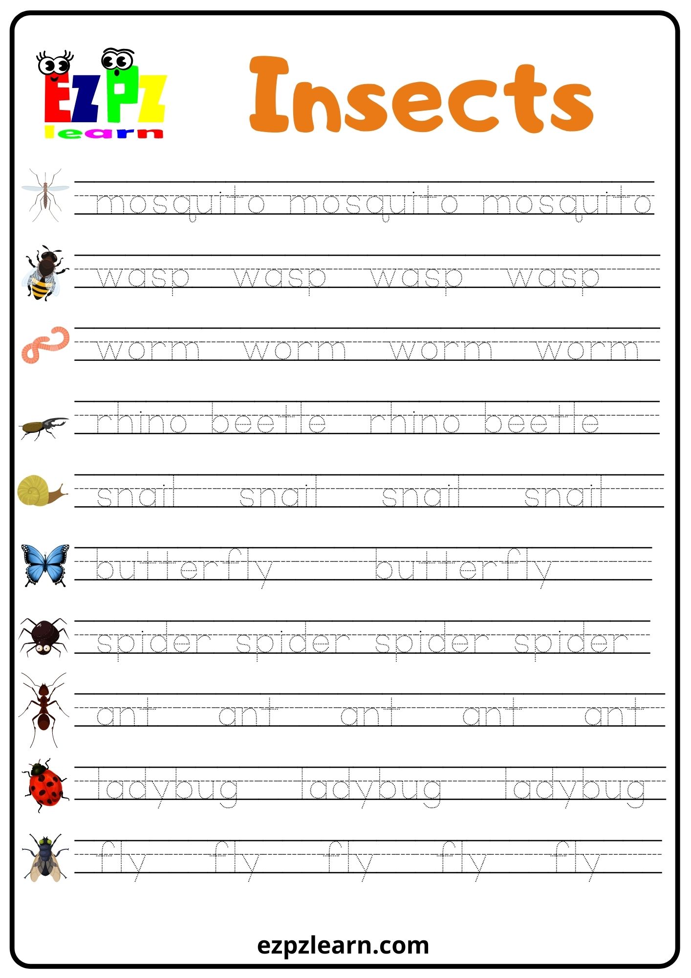 Insects Bugs Word Tracing Worksheet Ezpzlearn